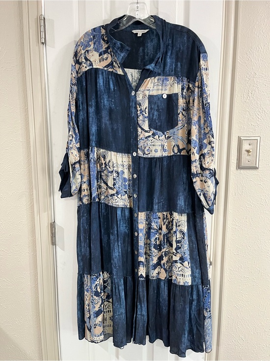 John Mark Dresses & Skirts - John Mark Button-Front Patchwork Midi Dress in Blues and Cream Size XL